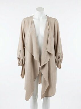Timing Beige Draped Open Front Duster Cardigan Roll Tab S
